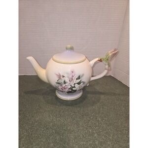 Teleflora Lena Liu Teapot & Lid Hummingbird & Lilies 1980's  2 Cup Capacity